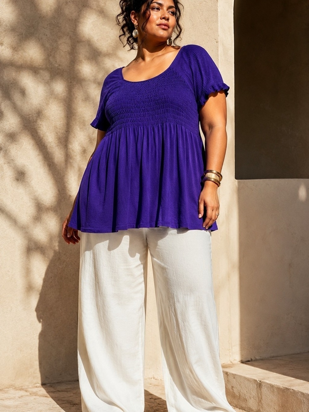 AE City Purple Smocked Knit Tunic Top Plus Size 1X Boho Casual Office